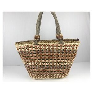 Sun N Sand Accessories Tote Bag‎ Woven Straw Red Brown Beaded Handles